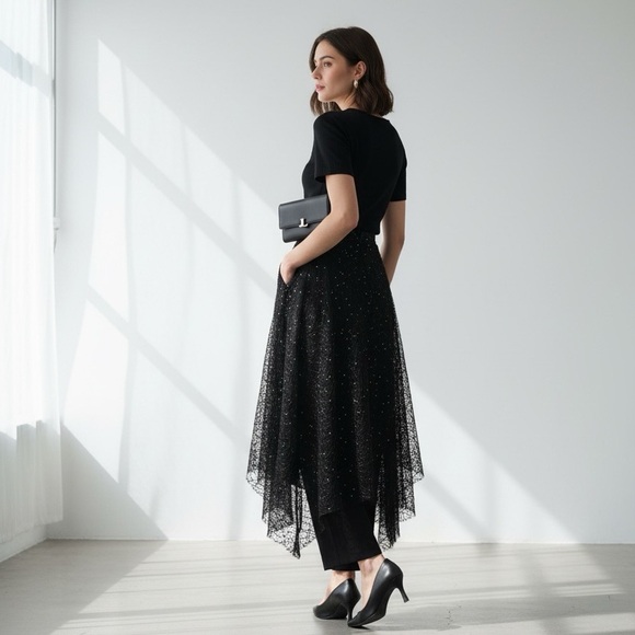 Brunello Cucinelli black tulle paillette mid skirt - Picture 3 of 10